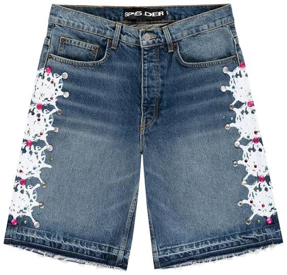 Sp5der Web Stone Denim Shorts Light Wash